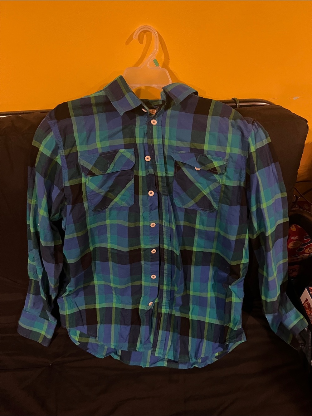 Casual Blue and Green Plaid Button-Down Shirt